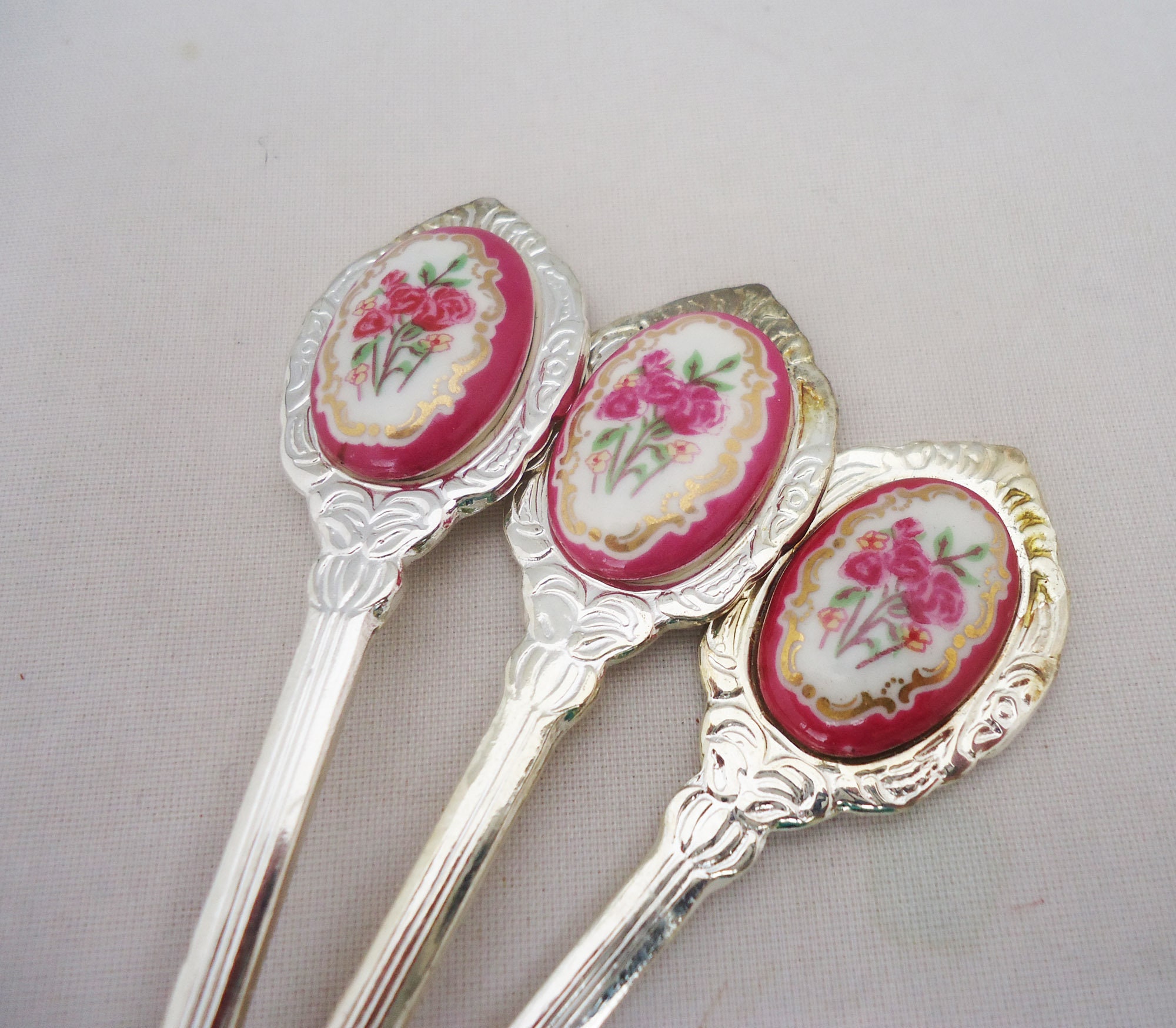 【Vintage】 Floral Teaspoons Vintage Set of Three Ornate Tea Spoons With Porcelain Floral