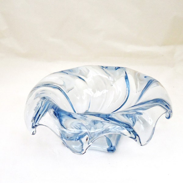 Vintage Bagley Blue Glass Equinox Flower Bowl, Blue Glass Candy Dish, UK Seller