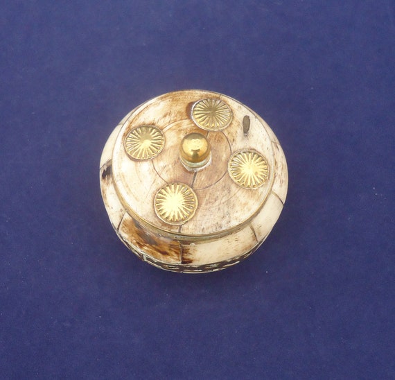 Vintage Bone Carved and Brass Pill Box, Round Bone Ca… Gem