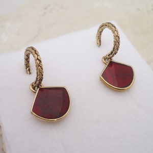 Red Enamel Dangle Earrings, Vintage Loop Earrings, Red Enamel and Gold Tone Earrings