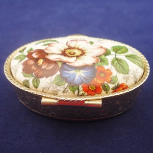 Vintage Pill/Trinket Box, Floral Design Pill Box, Pill Box with Porcelain Lid