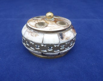 Vintage Bone Carved and Brass Pill Box, Round Bone Carved and Brass Trinket Box