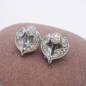 Vintage Rhinestone Clip on Earrings, Silver Tone Clip on Earrings, Clear and Yellow Rhinestone Earrings