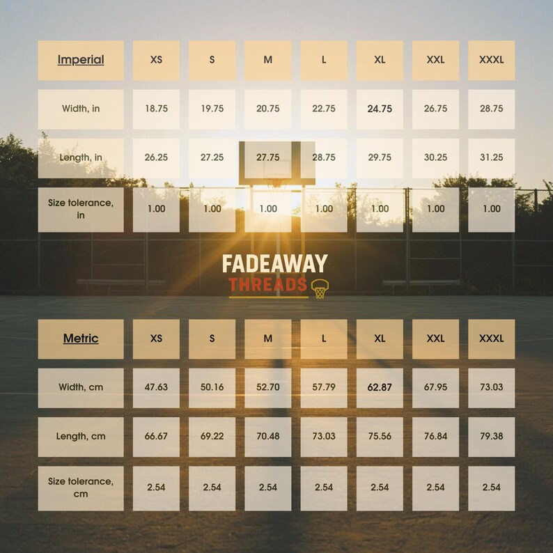 May include: A size chart for apparel, featuring measurements in inches and centimeters. The chart includes sizes XS to XXXL, with width and length measurements, and size tolerance. The brand name "FADEAWAY THREADS" is displayed.