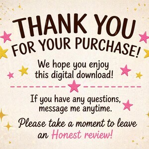 K&ouml;nnte beinhalten: Digitale Dankeskarte mit hellbeigem Hintergrund und goldenen Glitzerakzenten. Der Text "THANK YOU FOR YOUR PURCHASE!" ist in Dunkelbraun gehalten. Rosa und gelbe Sterne verzieren die Karte, zusammen mit dem Text "We hope you enjoy this digital download!"