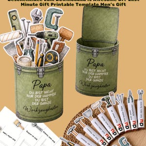 May include: A Father's Day gift set featuring a green toolbox with the text "Papa" and various tools. Includes printable gift tags with tool illustrations and phrases like "best dad" and "my hero."