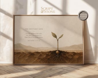 Canvas kunstwerk 'Geloof zo klein als een mosterdzaadje', decoratie met Bijbeltekst uit Mattheüs 13, minimalistisch en neutraal interieur, Bijbelse kunst, christelijk cadeau