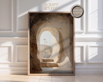 On zmartwychwstał, pusty grób, biblijna sztuka na płótnie, minimalistyczny, neutralny, chrześcijański wystrój domu, wydrukowane i wysłane dzieło sztuki wiary
