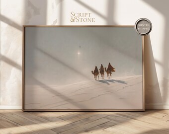 Minimalist Christian Wall Art, Star of Bethlehem Three Wise Men Biblical Fine Artwork, Faith Decor, Framed Canvas, Printed and Shipped