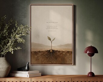 Mosterdzaad canvas, Mathew 13 schrift decor, minimalistisch neutraal huis, bijbelse beeldende kunst, christelijk cadeau, ingelijst en verzonden