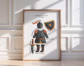 Armour of God Illustration Art Print, Christian Kids Wall Art, Scripture Nursery Decor, Sunday School Poster, Ephesians 6