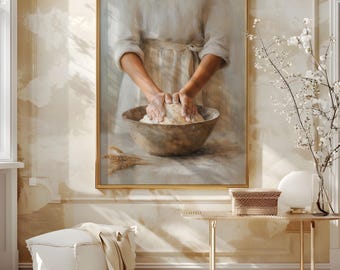 Vrouw kneedt brood, minimalistisch neutraal huis, gistparabel Bijbelse kunst, christelijk cadeau, gicleecanvas, ingelijst en verzonden