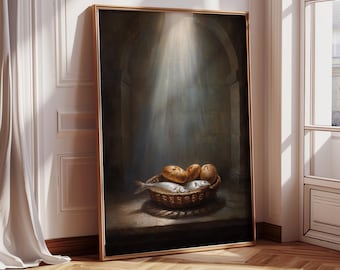 Loaves and Fishes Canvas Print, Jesus Feeds the Five Thousand, Biblical Fine Art, Minimalist Christian Fine Art, Printed and Shipped