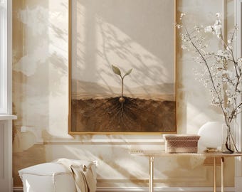 Canvas met de tekst "Geloof zo klein als een mosterdzaadje", decoratie met de Bijbeltekst uit Mattheüs 13, minimalistisch en neutraal interieur, Bijbelse kunst, christelijk cadeau