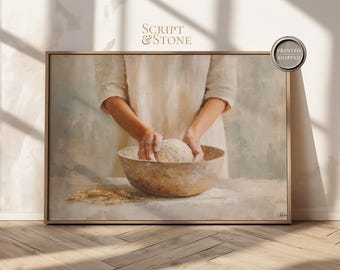 Vrouw kneedt brood, minimalistisch neutraal huis, gistparabel Bijbelse kunst, christelijk cadeau, gicleecanvas, ingelijst en verzonden