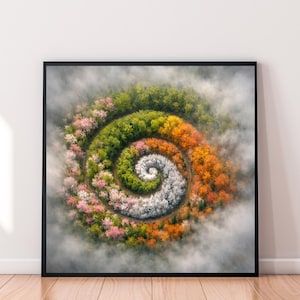 May include: A framed print featuring a spiral design of colorful trees. The artwork showcases a variety of trees in shades of pink, green, orange, yellow, and white, creating a vibrant and eye-catching composition. The print is set against a misty background.