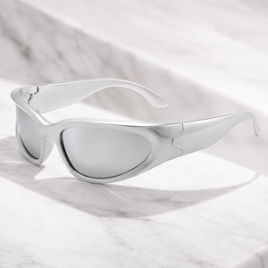 Silver Shield Sunglasses – Y2K Futuristic Chrome Cyberpunk Glasses, Gothic Sport Wrap Around Eyewear