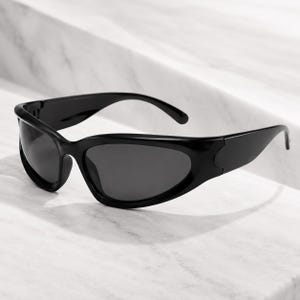 black Sunglasses – Y2K Futuristic Chrome Cyberpunk Glasses, Gothic Sport Wrap Around Eyewear