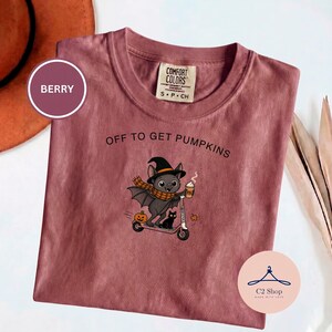 Pumpkin Patch Bat Tee, Off to Get Pumpkins, Witch Hat Bat on Scooter, Comfort Colors for Spooky Season