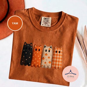 Ghost Cat Tee, Cute Halloween Patchwork, Spooky Kitten Squad, Trick or Treat, Comfort Colors