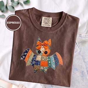 Patchwork Bat Tee, Coquette Bow Halloween, Spooky Season, Trick or Treat, Cottagecore Fall, Comfort Colors