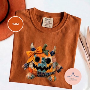 Patchwork Pumpkin Monster Tee, Cute Halloween Bow, Goblincore Fall, Trick or Treat, Spooky Kawaii, Comfort Colors