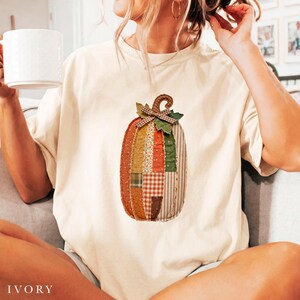 Fall Floral Pumpkin Shirt for Women, Farmhouse Faux Patchwork Top, Coquette Gingham Bow Lover Gift Tee