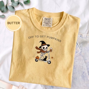 Pumpkin Patch Skeleton Tee, Off to Get Pumpkins, Witch Hat Skeleton on Scooter, Comfort Colors for Spooky Season