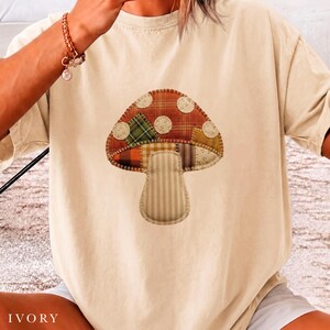 Fall Faux Patchwork Mushroom Shirt, Cottagecore Forager Gift Tee for Women, Cozy Autumn Toadstool Top