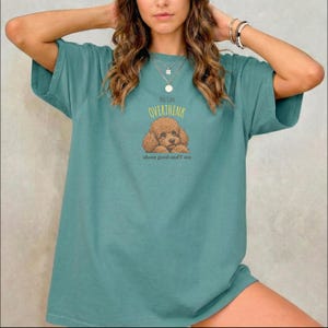 Puede incluir: Camiseta de color verde azulado con el texto "YOU CAN OVERTHINK" sobre una ilustración de un caniche marrón. Debajo del caniche, el texto dice "about good stuff too". La camiseta tiene mangas cortas y un corte holgado.