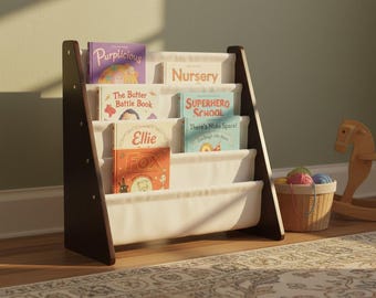 Montessori Kids Bookshelf, 4-Tier Fabric Sling, Nursery Book Organizer