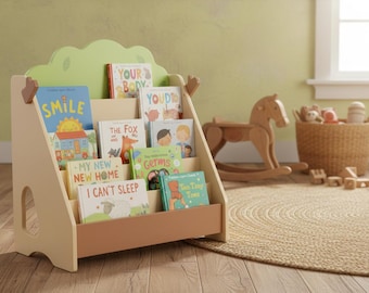 Montessori Kids Bookshelf, Tree-Shaped Pine Toddler Bookcase, Front Facing Baby Book Shelf for Nursery, Playroom & Classroom