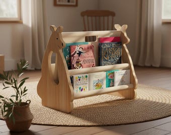 Montessori Bookshelf Organizer, Double Sided Kids Bookshelf 2 Tier, Toddler Book Shelf Wooden Baby Book Display for Nursery Playroom