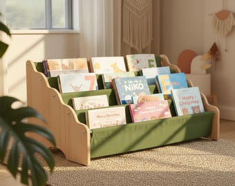 Montessori Bookshelf for Toddlers, 4-Tier Solid Pine Wood Sling Book Rack, Front-Facing Kids Bookcase for Nursery, Playroom & Classroom