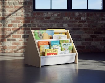 Montessori Kids Bookshelf with Deep Fabric Pockets, Toddler Book Shelf for Nursery, Playroom & Reading Corner