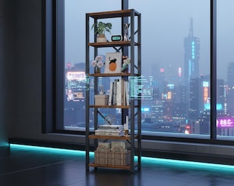 Bookshelf 6 Tier Tall Narrow Bookcase, Industrial Metal and Wood Storage Shelf Organizer for Living Room, Home Office & Entryway