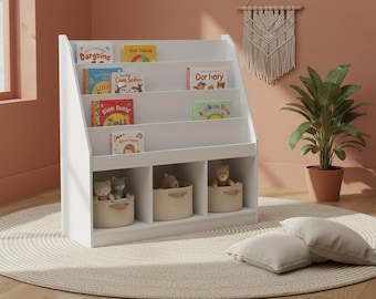 Montessori Book Shelf Organizer, Kids Bookshelf with Cubby Storage, Toddler Book Shelf & Wooden Toy Storage for Nursery Playroom Classroom
