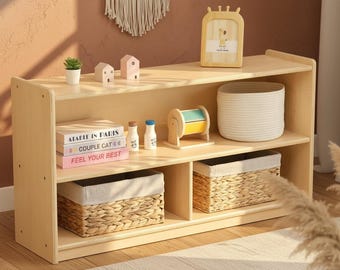 Montessori Bookshelf, 2-Shelf Wooden Toy Organizer with 3 Compartments for Kids Room, Classroom, Kindergarten & Playroom