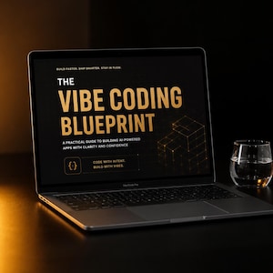 May include: A MacBook Pro laptop shows "The Vibe Coding Blueprint" in gold text on a black screen. A glass of water is to the right. The text reads "Build Faster. Ship Smarter. Stay in Flow."
