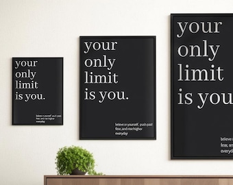 Only Limit Is You  Black & White Motivational canvas gym wall art inspirational
