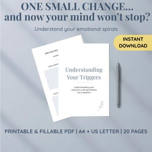 May include: A white printable PDF titled "Understanding Your Triggers" with a pen. The text reads "Understand your emotional spirals" and "Instant Download". The PDF includes fillable sections for self-reflection.