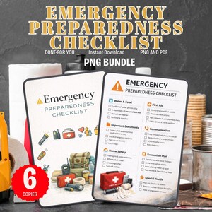 Op de afbeelding: Een checklist voor noodvoorbereiding met de tekst "Emergency Preparedness Checklist" en "PNG Bundle". De afbeelding bevat een rode cirkel met het nummer "6" en een verscheidenheid aan noodvoorzieningen.