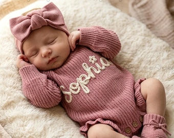 Personalized Baby Gift Set with Custom Name Knit Romper | Newborn Coming Home Outfit Girl | Embroidered Infant Clothes with Headband Booties