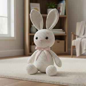 May include: A handmade, white crochet bunny with long ears and a pink bow. The stuffed animal has black button eyes and rosy cheeks. The bunny is sitting on a cream-colored rug.