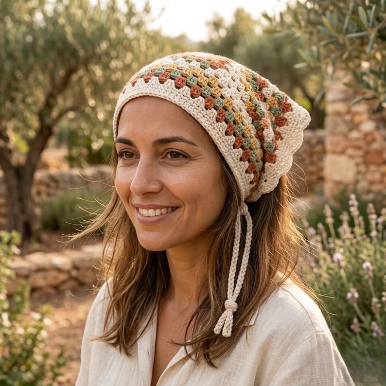 Pode incluir: Um gorro de croch&ecirc; creme com um padr&atilde;o geom&eacute;trico colorido em tons de laranja, verde e amarelo. O gorro tem la&ccedil;os longos cor creme. O fundo est&aacute; desfocado, com &aacute;rvores e folhagem.