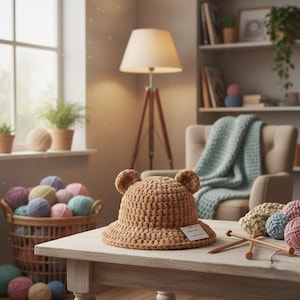 May include: A handmade, light brown crochet hat with bear ears sits on a white table. The hat has a wide brim and a tag. Knitting needles and yarn balls in various colors are also on the table. A basket of yarn balls is in the background.