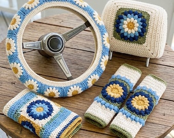 Daisy Steering Wheel Cover Crochet Pattern, Crochet Car Decor, Boho Car Crochet Accessories, Step By Step Crochet Steering Wheel Cover.