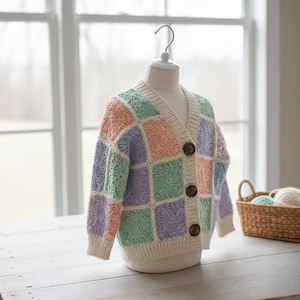 May include: A pastel-colored, square-patterned cardigan with three brown buttons. The sweater is displayed on a mannequin, showcasing its textured knit design. The color blocks include shades of green, peach, purple, and cream.