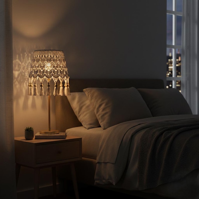 Op de afbeelding: Een decoratieve tafellamp met een beige macram&eacute; lampenkap en een houten voet staat op een nachtkastje naast een bed. De lampenkap heeft een gedetailleerd patroon en kwastjes. De slaapkamer is zwak verlicht.