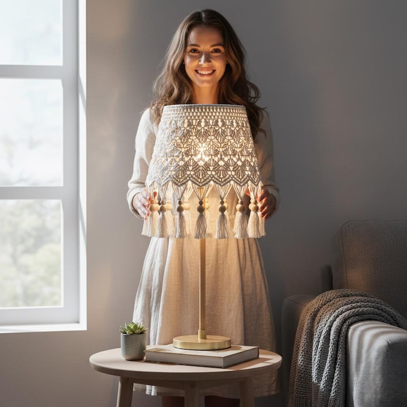 Op de afbeelding: Een beige macram&eacute; tafellamp met een houten voet en een decoratieve lampenkap. De lampenkap heeft ingewikkelde geweven patronen, kwastjes en houten kralen. De lamp staat op een ronde tafel naast een raam.